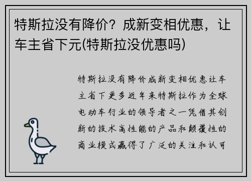 特斯拉没有降价？成新变相优惠，让车主省下元(特斯拉没优惠吗)