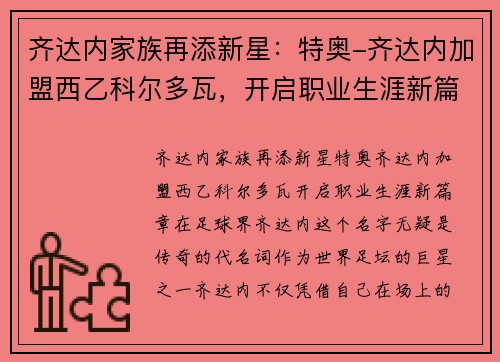 齐达内家族再添新星：特奥-齐达内加盟西乙科尔多瓦，开启职业生涯新篇章