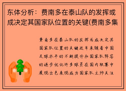 东体分析：费南多在泰山队的发挥或成决定其国家队位置的关键(费南多集锦)