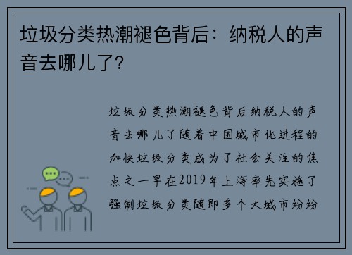 垃圾分类热潮褪色背后：纳税人的声音去哪儿了？